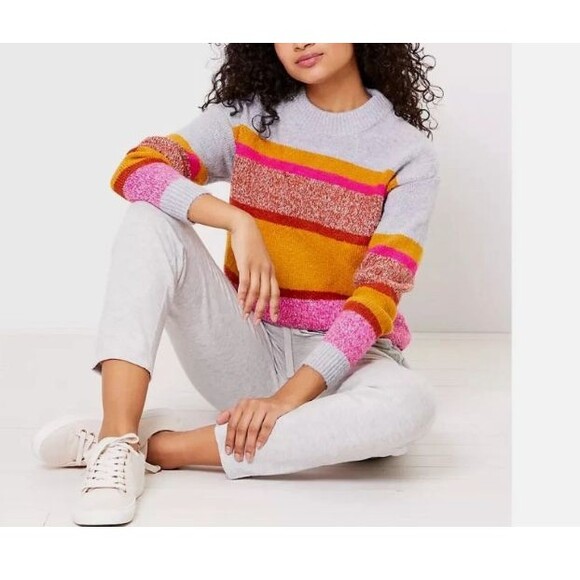 Lou & Grey LOFT Colorblock Soft Cozy Knit Bright Pink Gold Stripe Sweater L - Picture 2 of 12